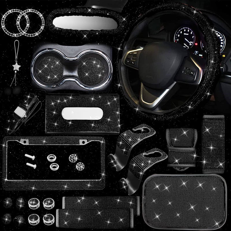 JINGSEN 25PCS Bling Car Parts Set  Car Parts Set Female Plug Universal 15 Inch  Shiny License Plate Frame  Center Console Cover and Rearview Mirror Set and Other Car Accessories(Black) - Image 1